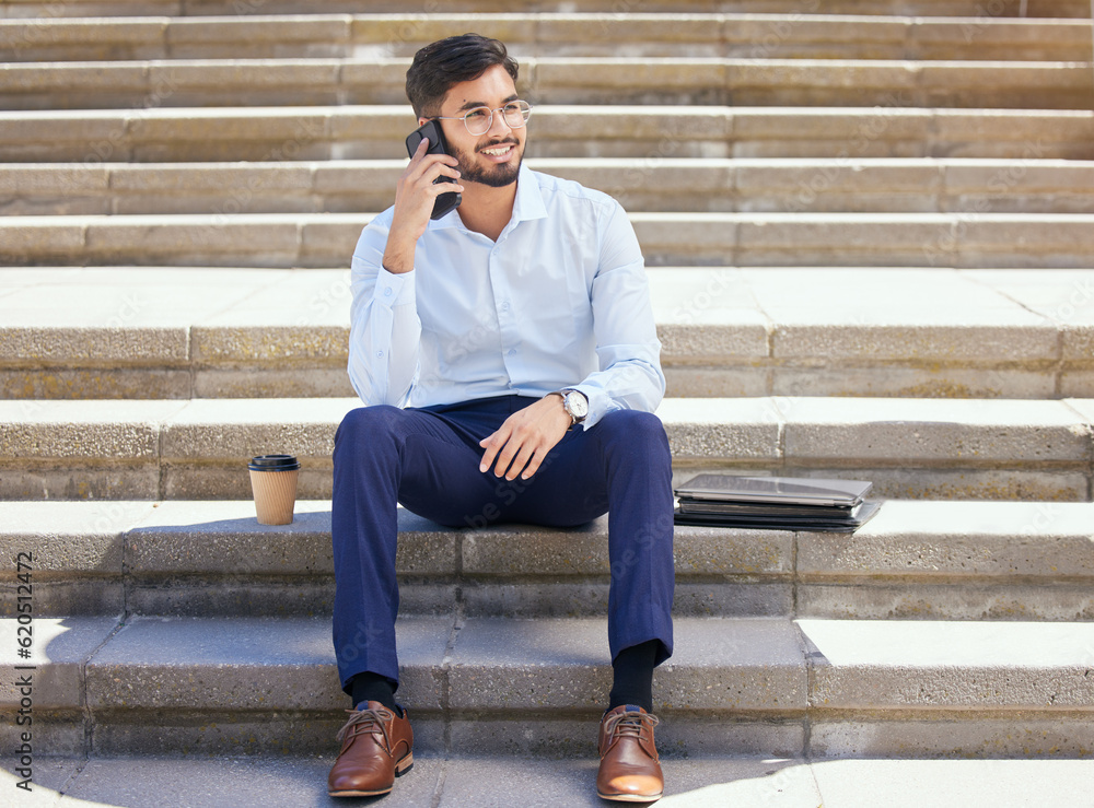 Business, stairs and man with a smile, phone call and relax on lunch break, conversation and network