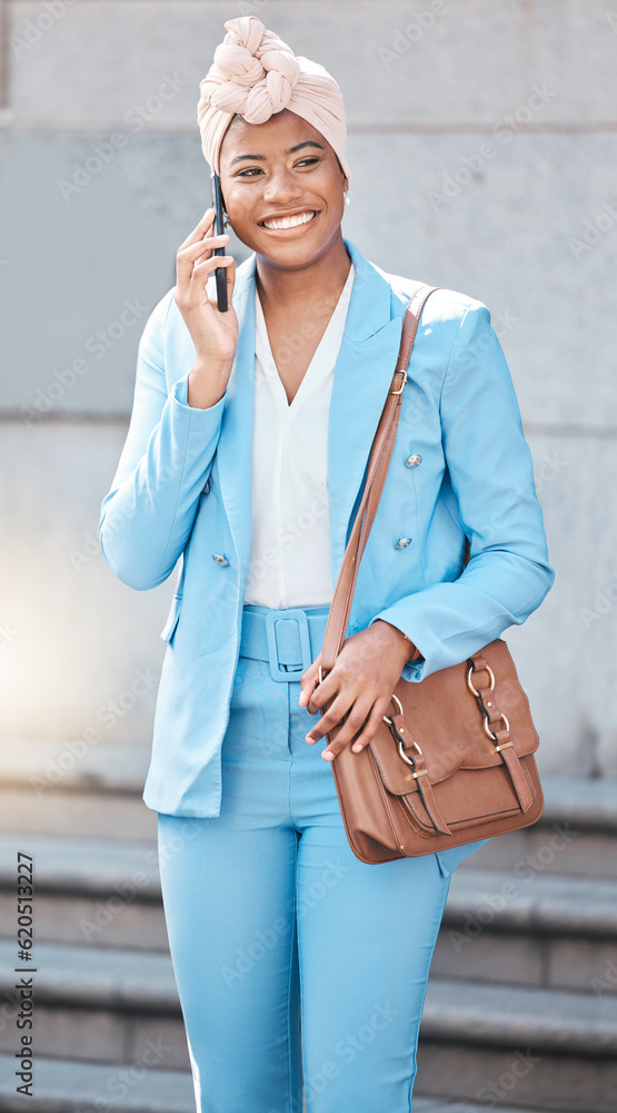 Phone call, walking and businesswoman on stairs in city with briefcase by her office building. Smile