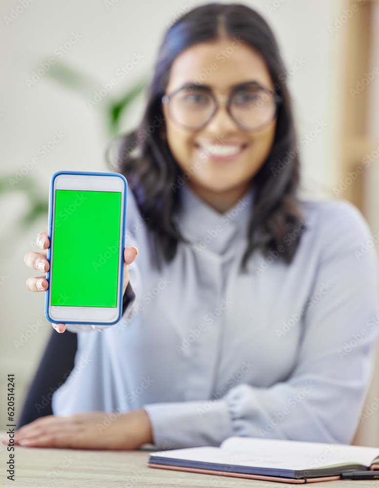 Happy woman, hands and phone green screen for advertising, marketing or branding on mockup at office