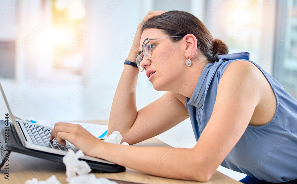 Workplace, stressed and female professional with laptop is tired at office with frustrated. Burnout,