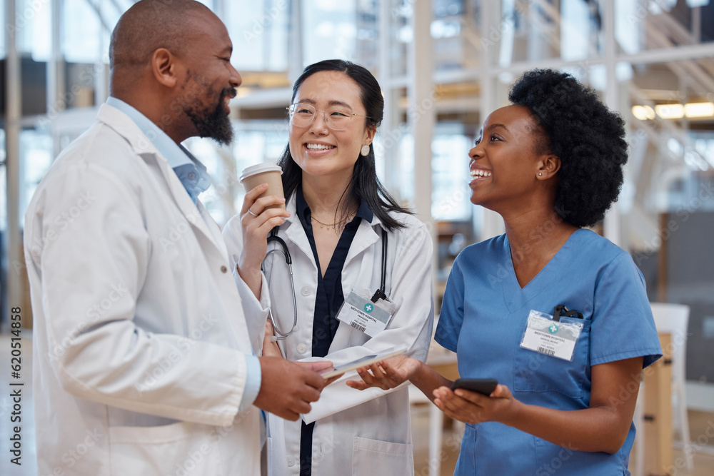 Women, black man and doctors in a meeting, planning and discussion with happiness, hospital and team