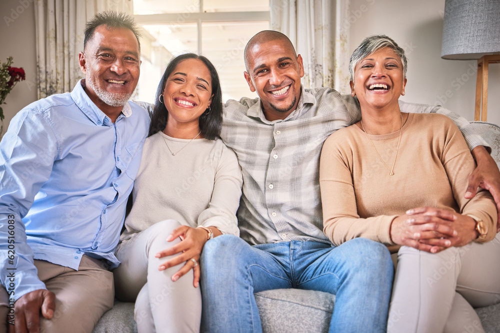 Funny portrait, big family and smile in home living room, bonding and laughing. Care, senior parents