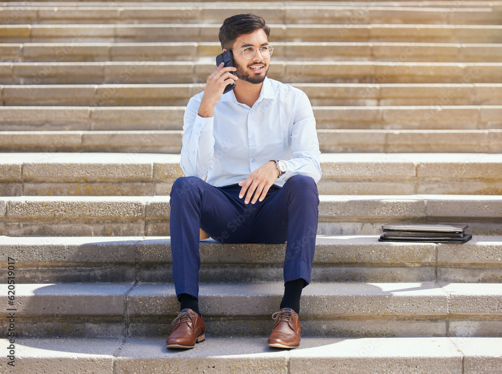 Business, stairs and man with a phone call, relax and lunch break with conversation, network and com