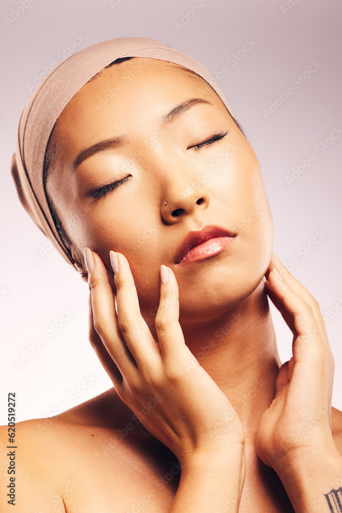 Skincare, dermatology and Asian woman with cosmetics, natural beauty and grooming against a white st