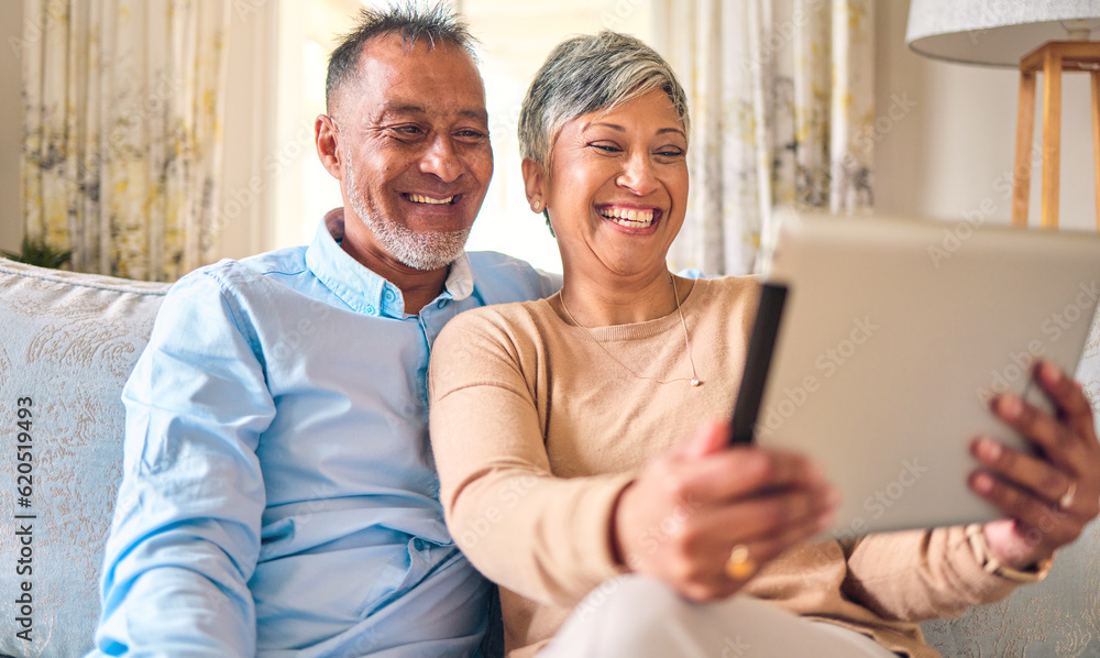 Senior couple, tablet and video call at home for communication, network connection or chat. Mature m