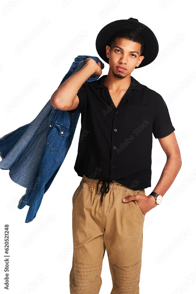 Fashion, portrait and confident man with hat isolated on a transparent png background. Serious, hand