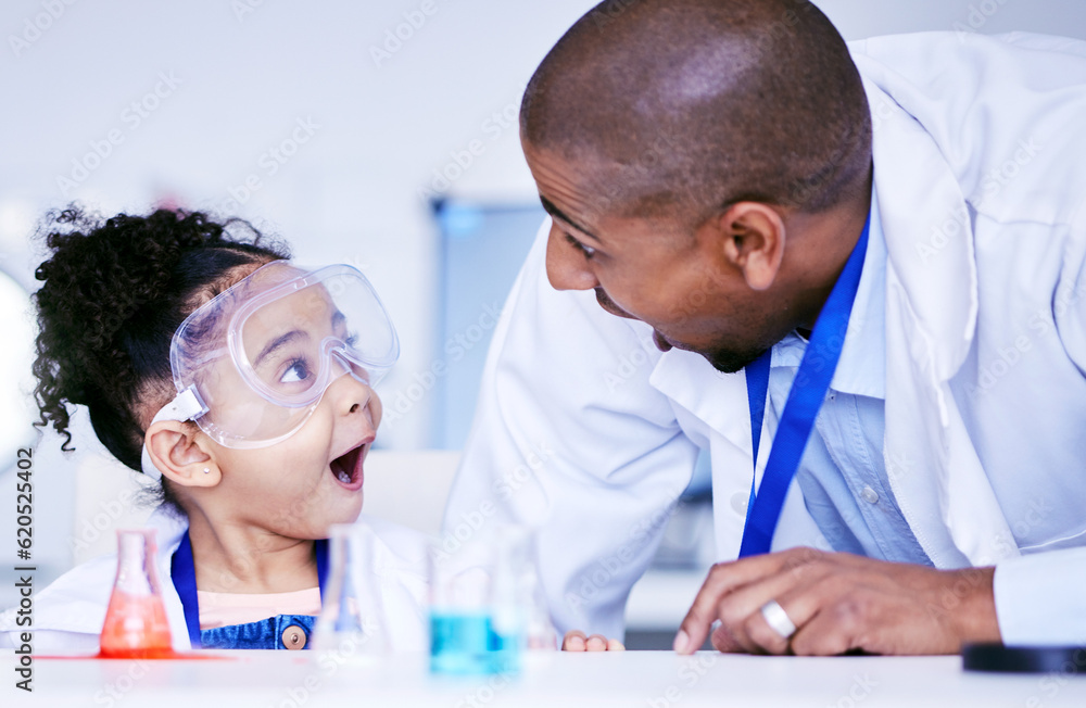 Chemistry, excited and father with child in laboratory for medical research, science and education. 