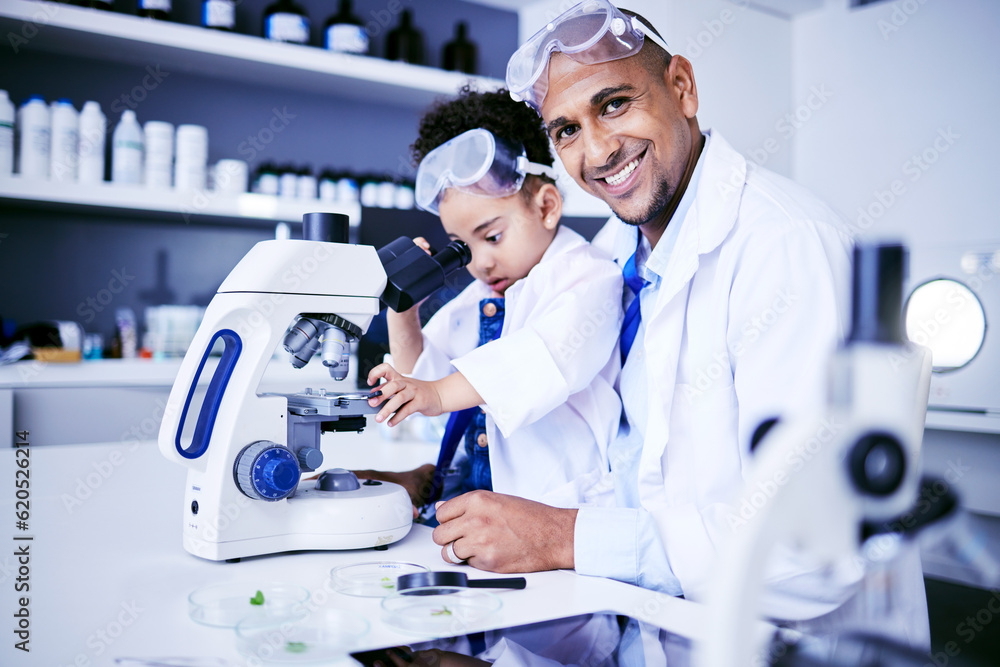 Chemistry, microscope and scientist with child in laboratory for medical research, science and educa