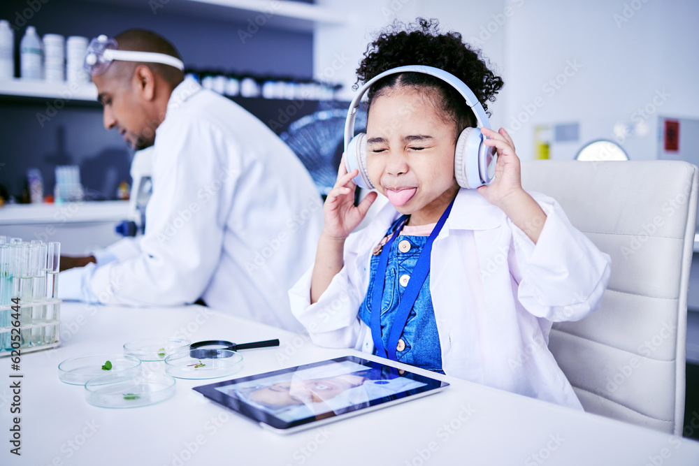 Crazy, lab and child with music and tablet for science with a father or scientist for work or learni