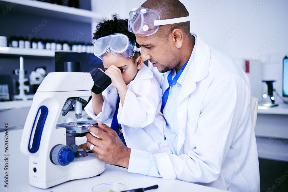 Chemistry, microscope and father with child in laboratory for medical research, science and educatio