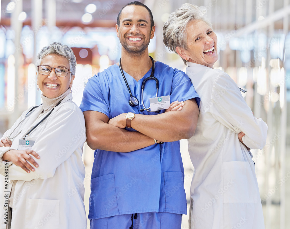 Collaboration, doctor and healthcare with crossed arms in portrait at hospital, smile and laugh for 