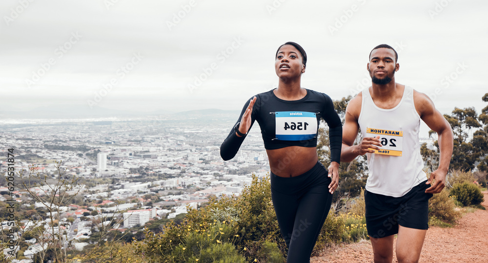 Marathon couple, mountain race and fitness with workout and training together for a running. Runner,