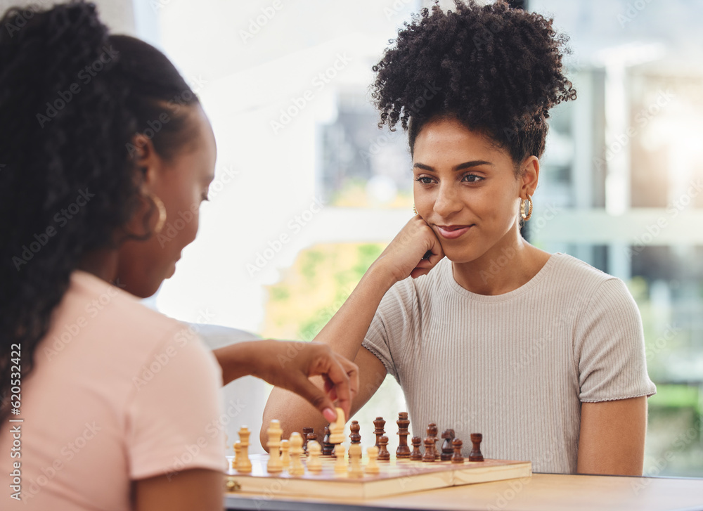 Chess, game and women with board for thinking strategy and challenge friends in living room. Competi