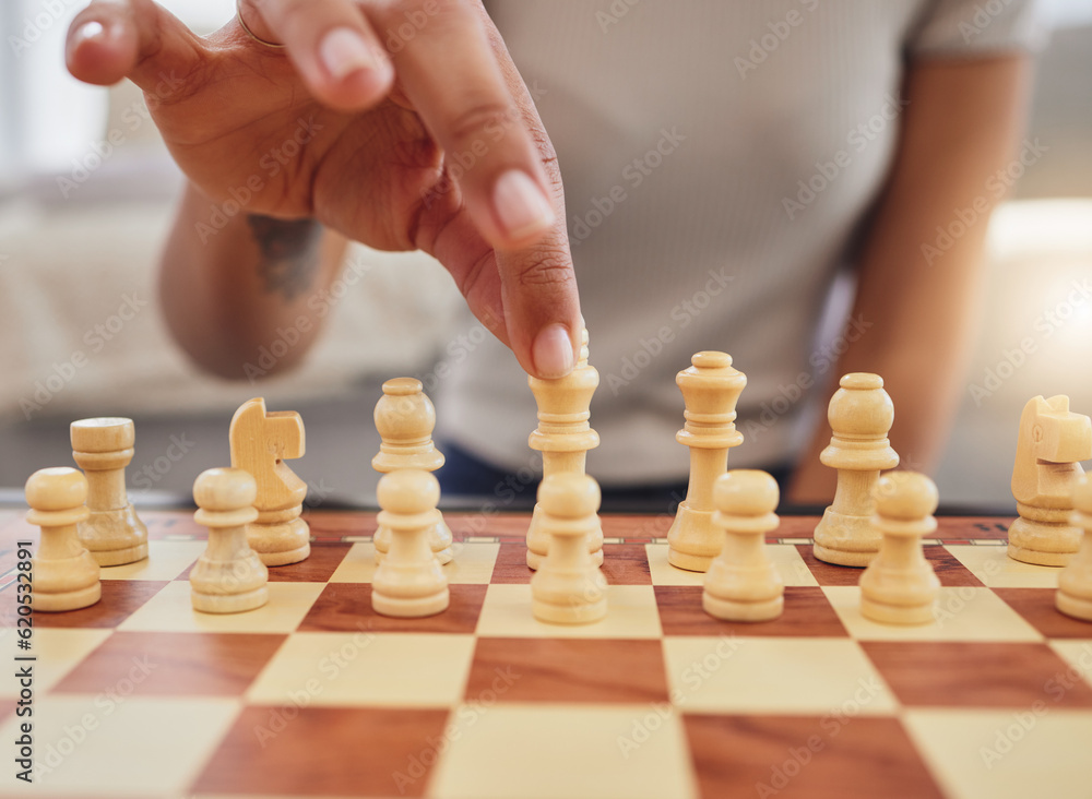 Chess, game and hand of woman with board moving piece for strategy, thinking and challenge. Competit