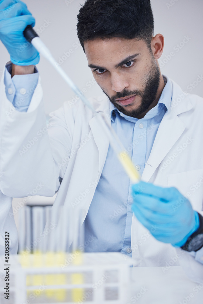 Man, medicine or scientists with test tubes in research for experiment, medical assessment or innova