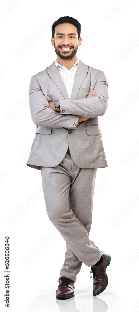 Portrait, lawyer and business man with arms crossed isolated on a transparent png background. Asian 