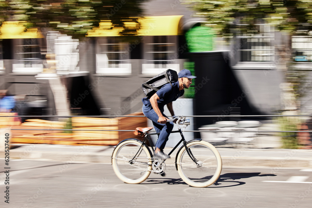 Delivery, man or motion blur on bike in city for quick logistics, service or fast food order. Courie