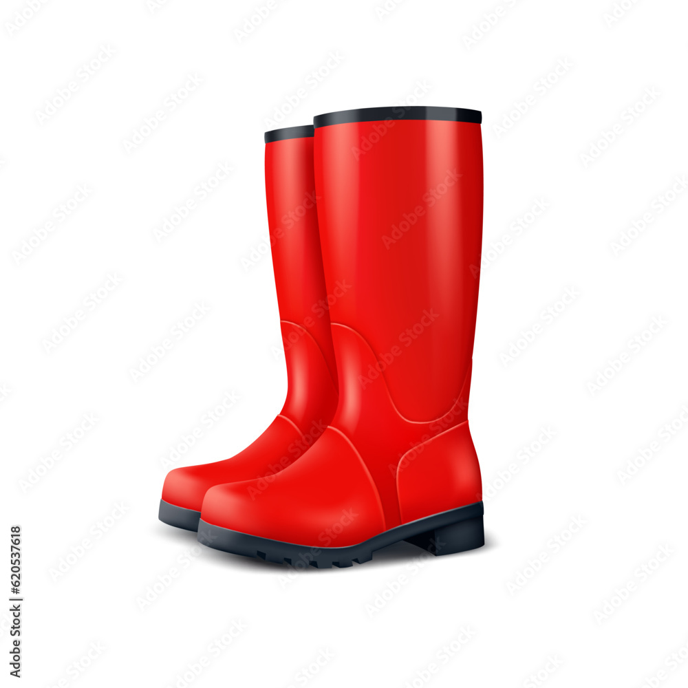 Red realistic rubber boots, for garden, vegetable garden and autumn rainy weather. On a white backgr