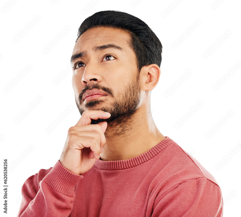 Thinking, choice and confused asian man with questions on isolated, transparent and png background. 