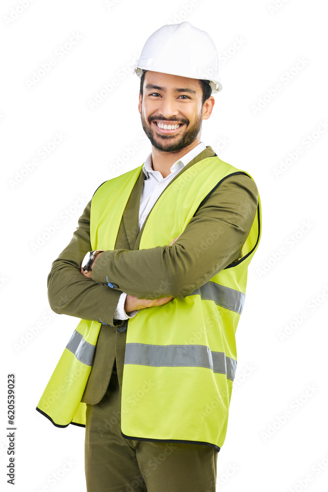 Engineering, smile and portrait of male construction worker with hard hat, suit and vest for project