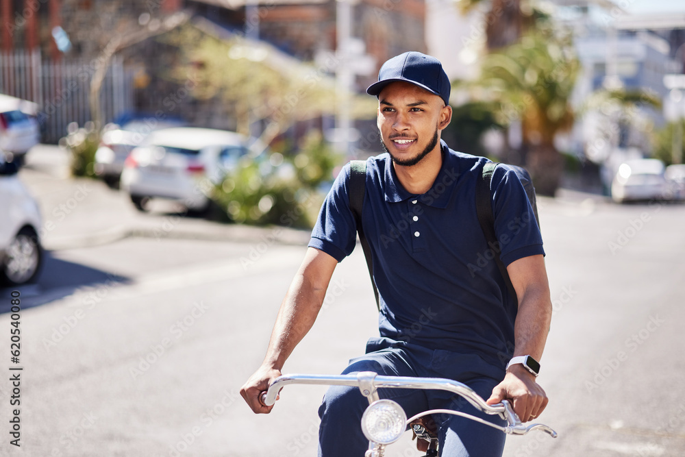 Bicycle, delivery and city, man in street with smile and carbon neutral transport service with backp