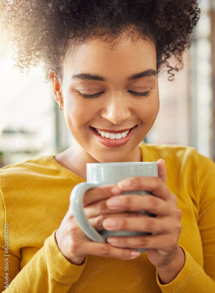 African woman, coffee cup and smile in home, scent and energy to start morning in apartment. Girl, h