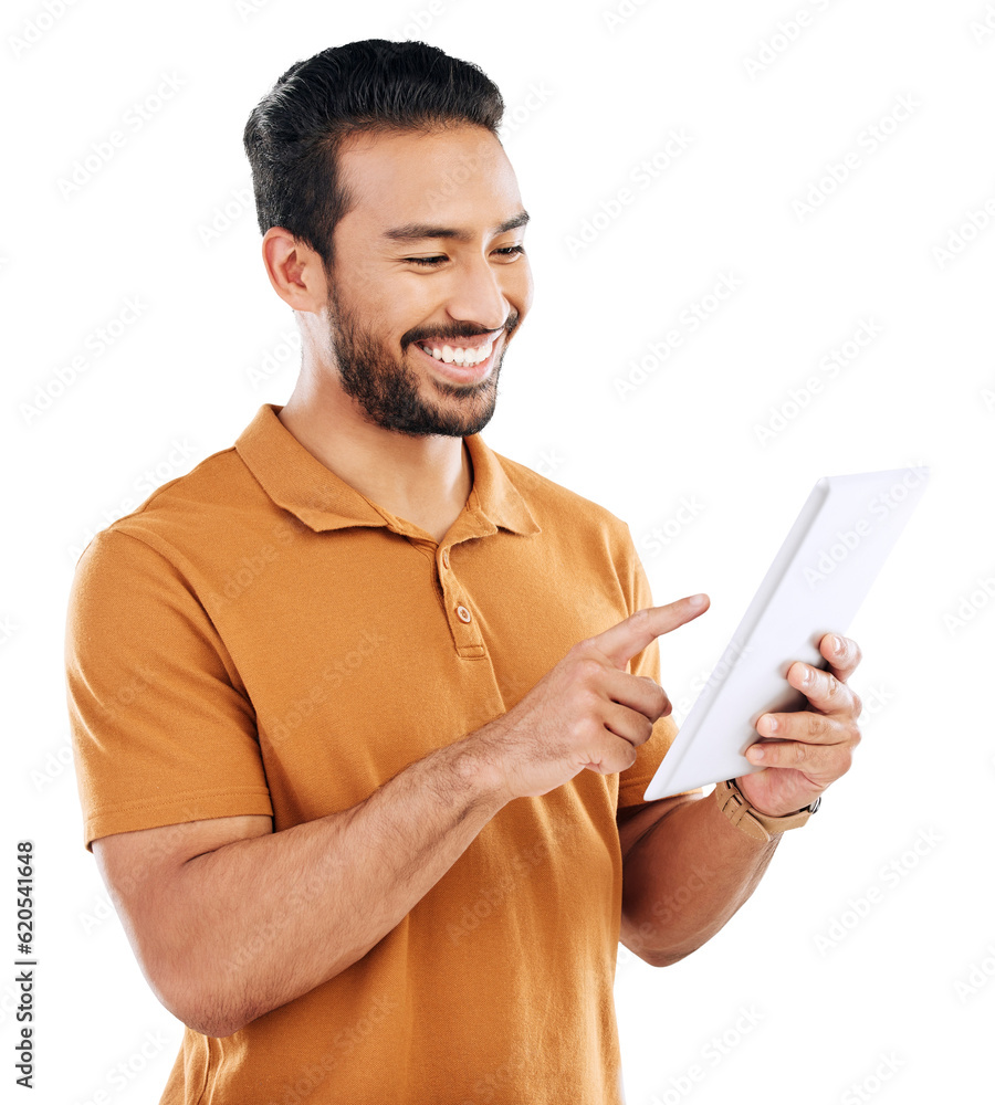 Asian man, tablet and smile on social media, reading ebook online and isolated on transparent png ba