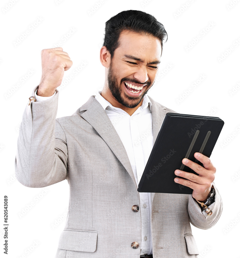 Tablet, winner celebration and business man with news on isolated, png and transparent background. S