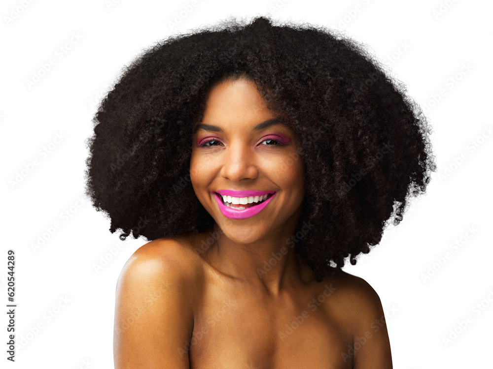 Beauty, smile and makeup with portrait of black woman on png for cosmetics, face and hairstyle. Natu