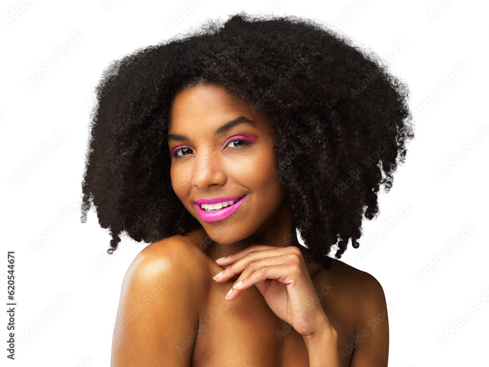 Beauty, glow and makeup with portrait of black woman on png for cosmetics, face and hairstyle. Natur