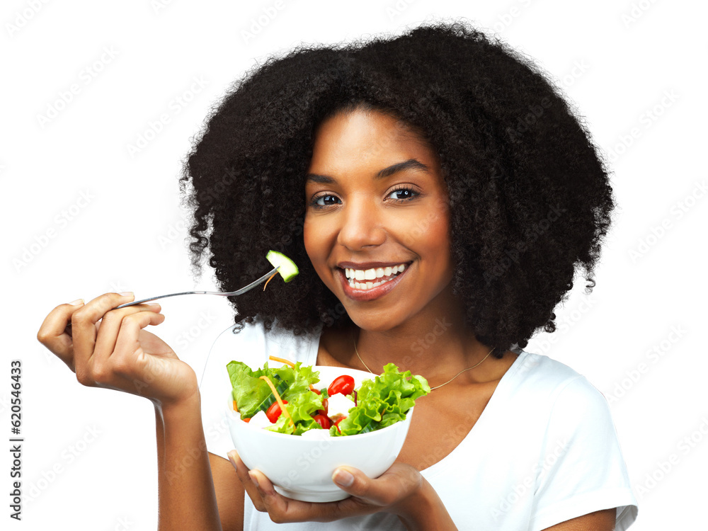 Diet, salad and happy woman eating healthy food, detox lunch or breakfast isolated on transparent, p