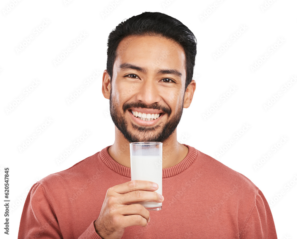 Man, glass and portrait with milk for diet while isolated on transparent png background. Asian guy d