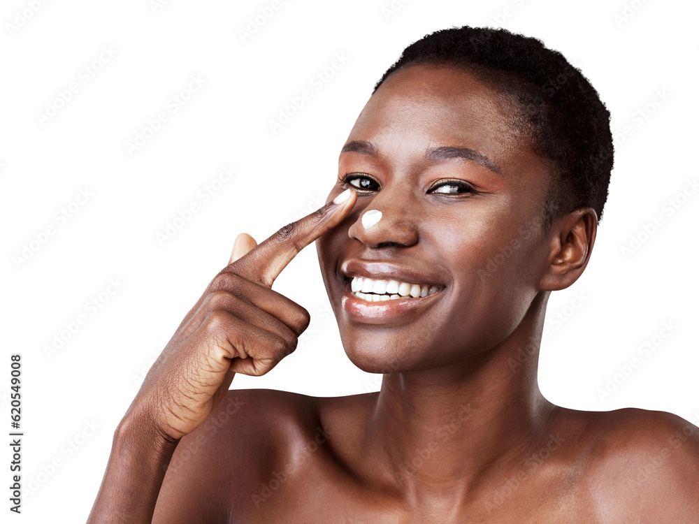 Portrait, skincare and black woman with cream, dermatology and creme isolated on a transparent backg