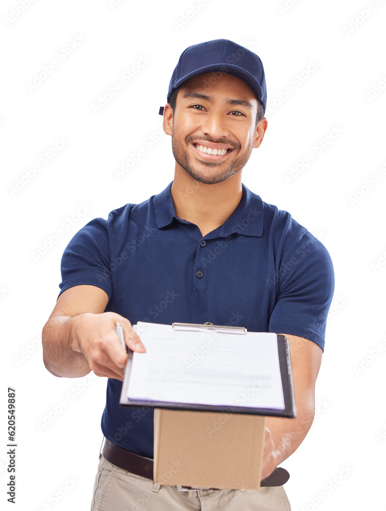 Clipboard, package and portrait of courier man for signature, invoice and ecommerce shipping box. Ch