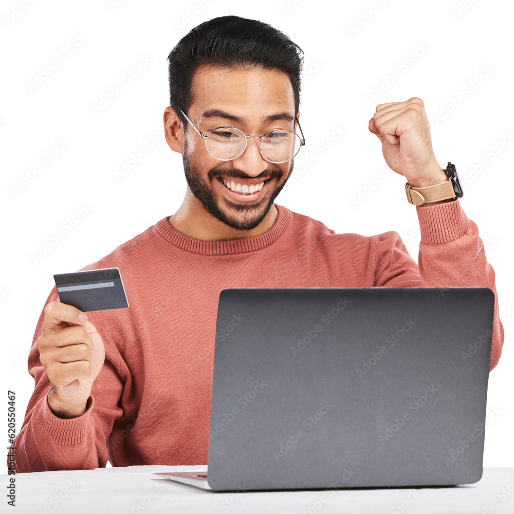 Happy asian man, laptop and credit card for online shopping isolated on a transparent PNG background