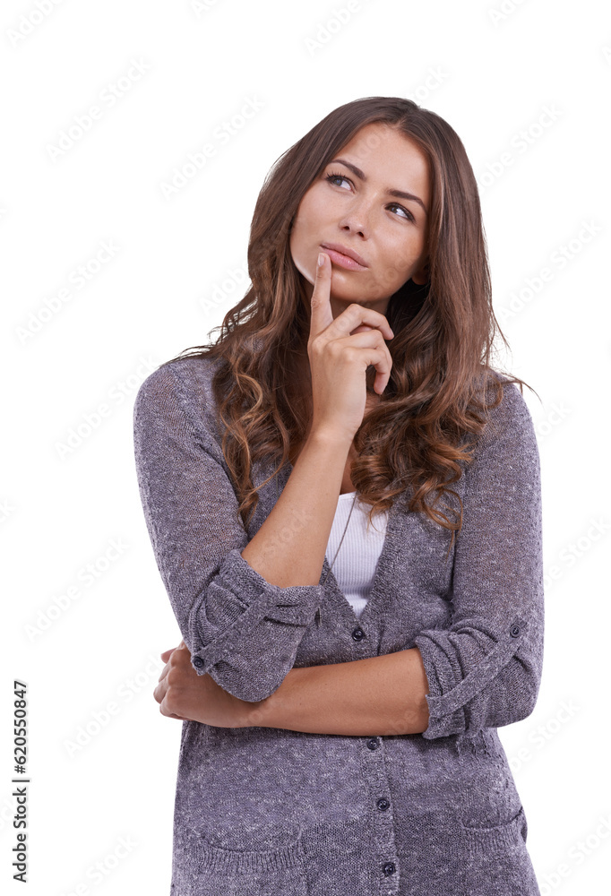 Thinking, choice and woman with idea and decision on isolated, png and transparent background. Adver