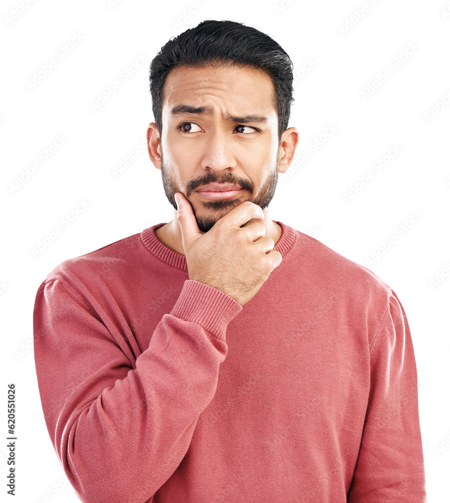 Choice, thinking and confused asian man with questions on isolated, transparent and png background. 