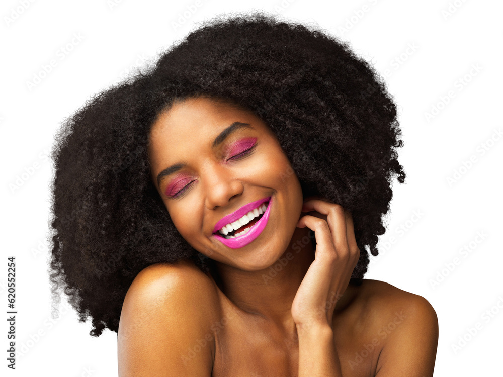 Beauty, cosmetics and makeup with face of black woman on png for smile, dermatology and hairstyle. N