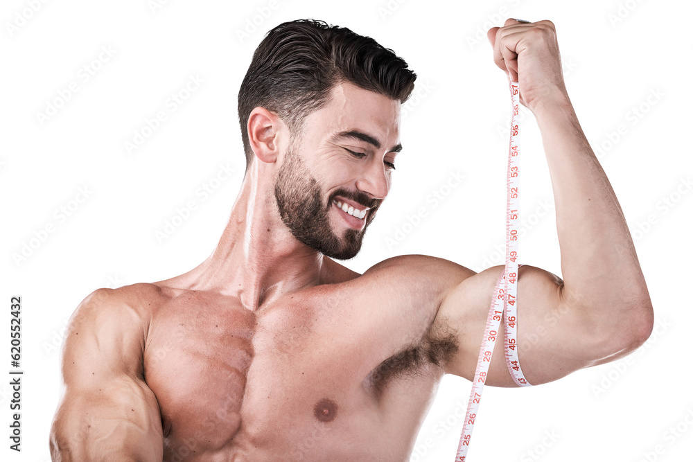 Exercise, muscle and man with tape measure for biceps, body and progress isolated on png transparent