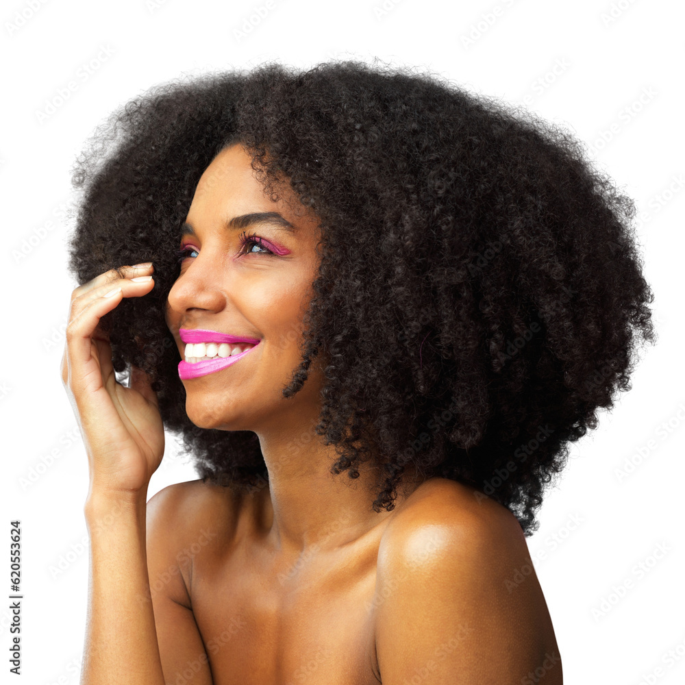 Makeup, face and African woman with hair care for healthy, natural afro confidence on transparent, i