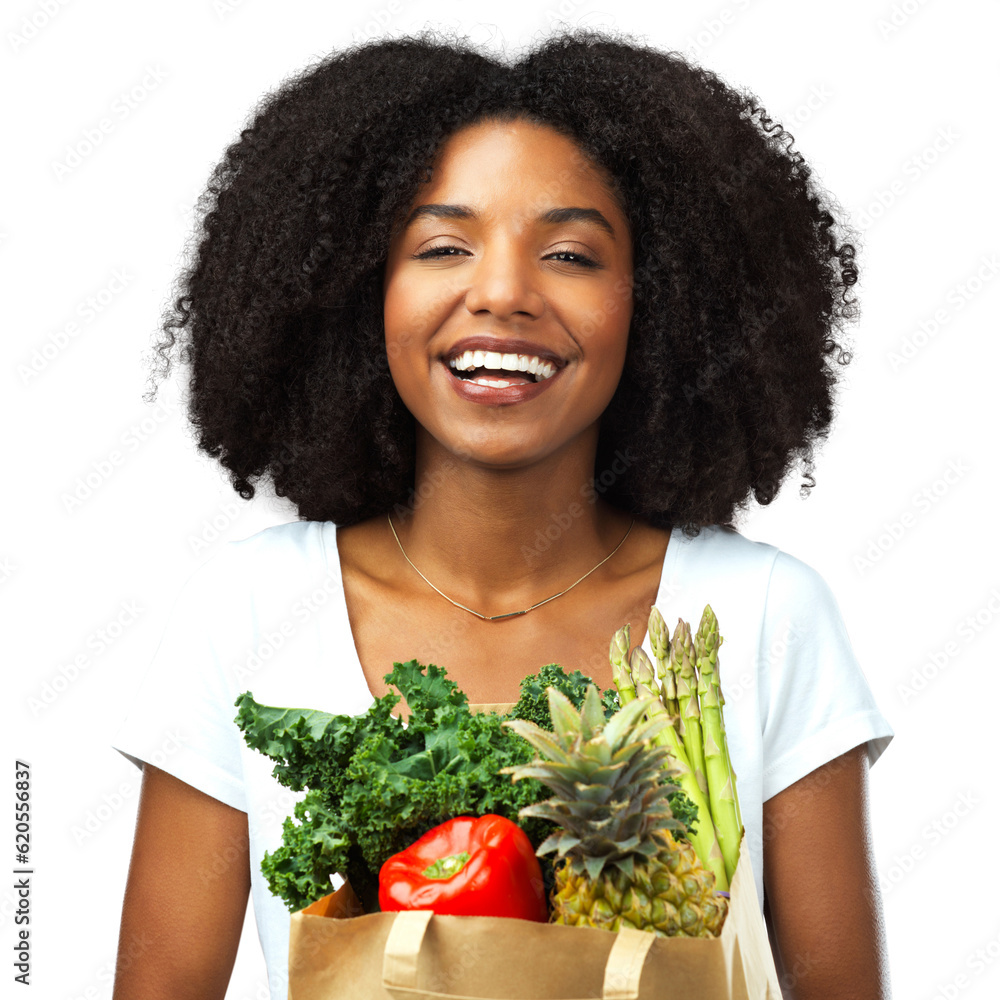 Supermarket, vegetables and girl with bag for profile in png or isolated in transparent background. 