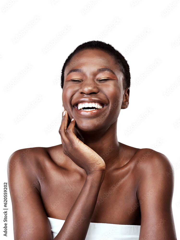 Face, skincare and funny black woman isolated on a transparent png background. Natural beauty, cosme