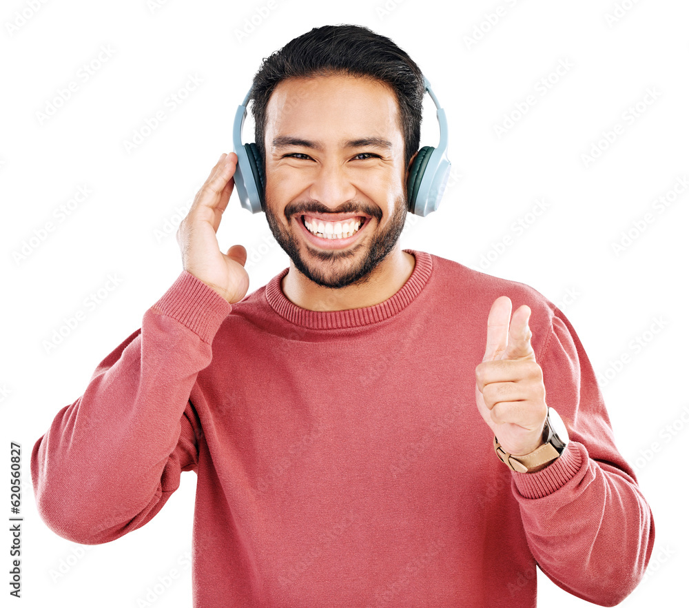 Headphones, smile and portrait of a young man listening to radio, music or podcast with energy. Exci