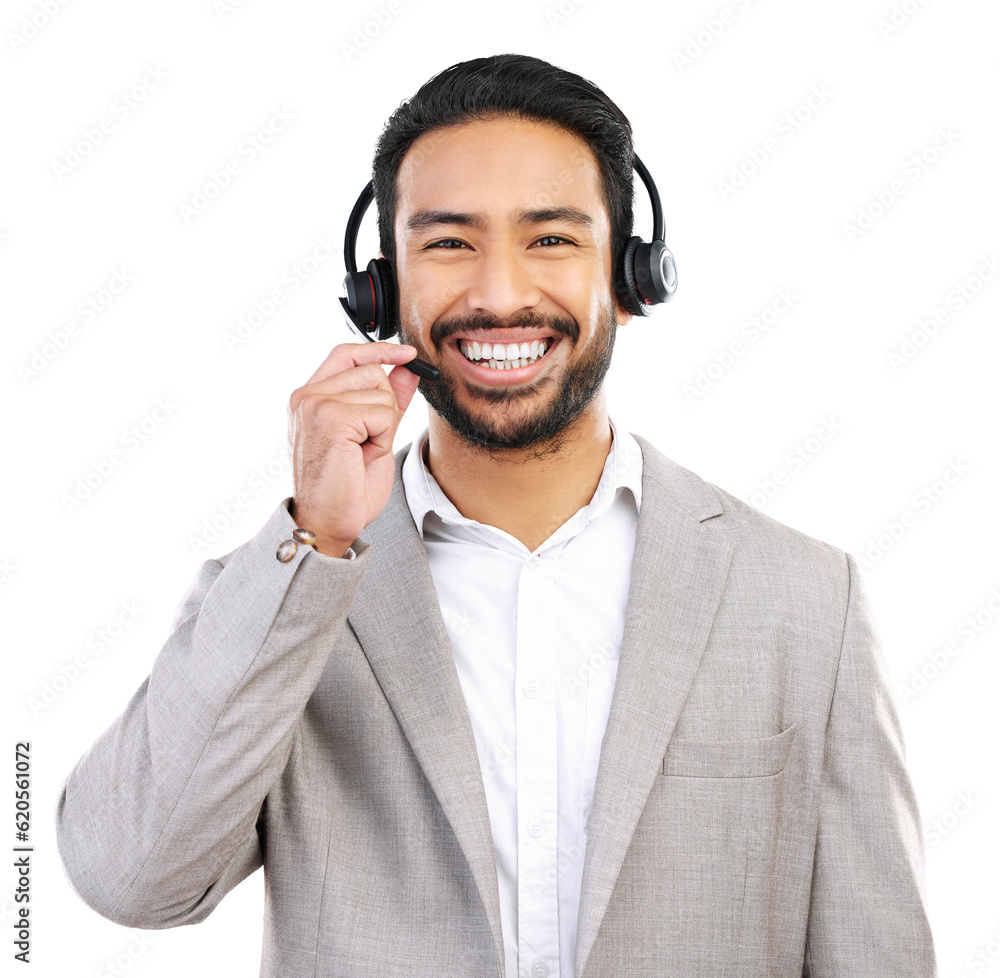 Call center, business and smile with portrait of man on png for customer service, networking and adv