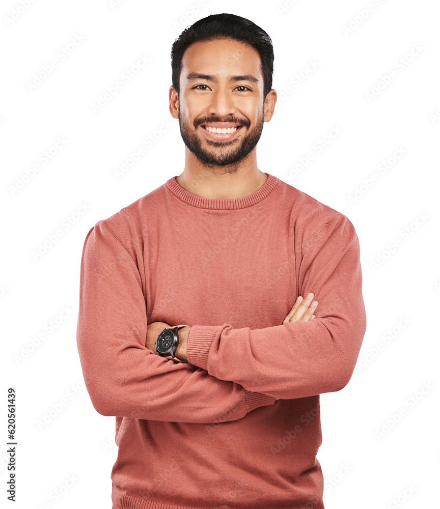 Portrait of man with arms crossed, smile and isolated on transparent png background in confident cas