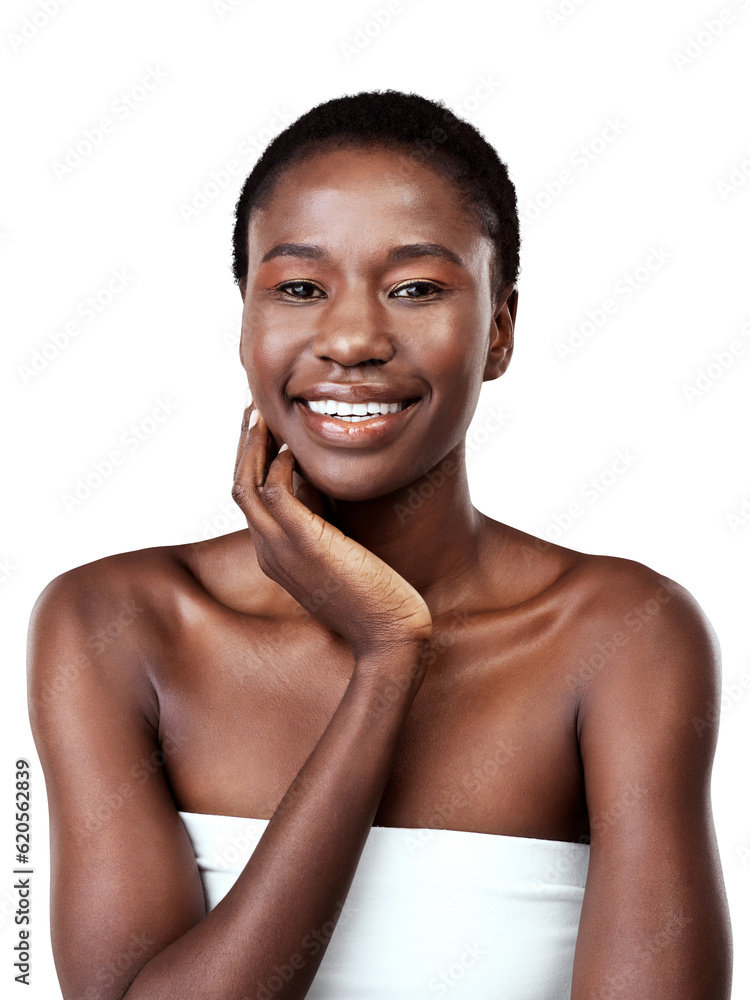 Portrait, happy and black girl with natural or glow in png or isolated and transparent background. W