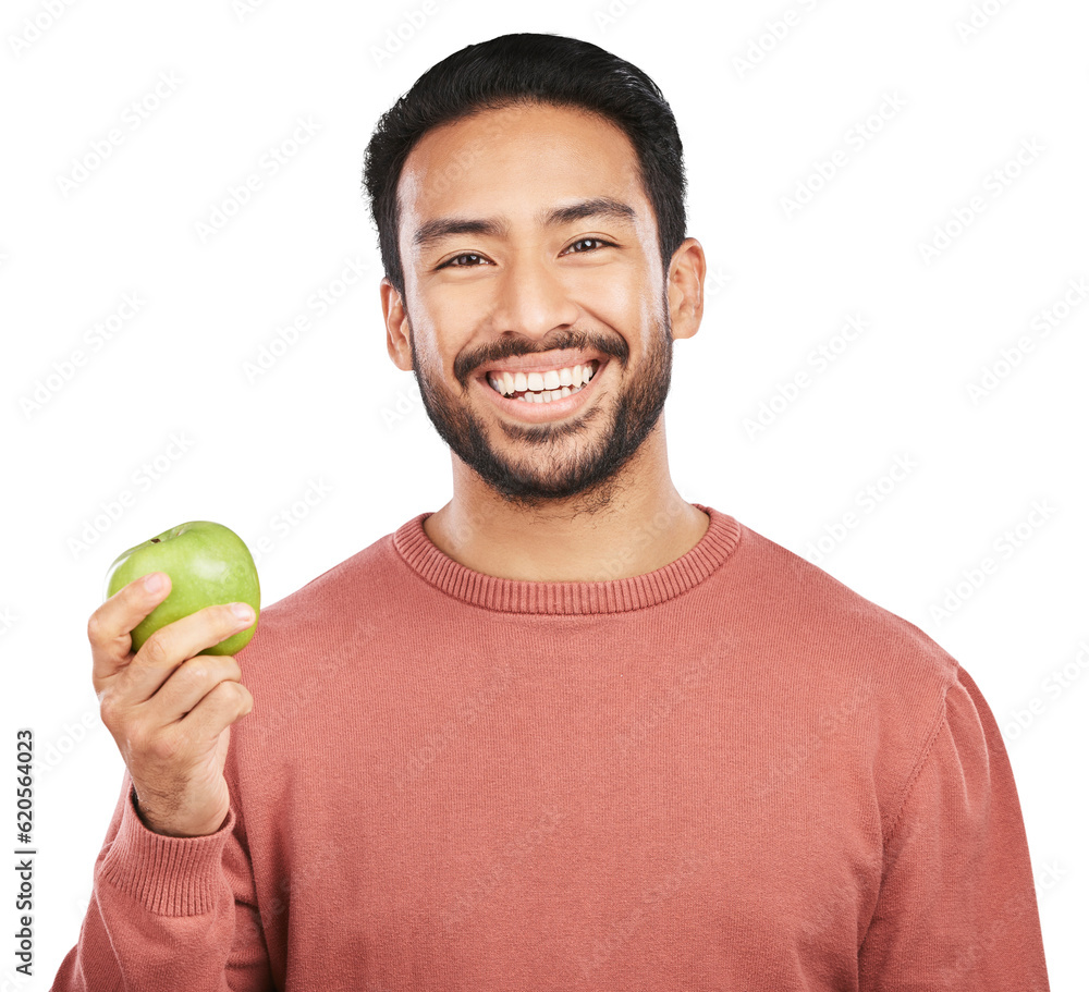 Health, apple and portrait of man with fruit on isolated, png and transparent background for wellnes