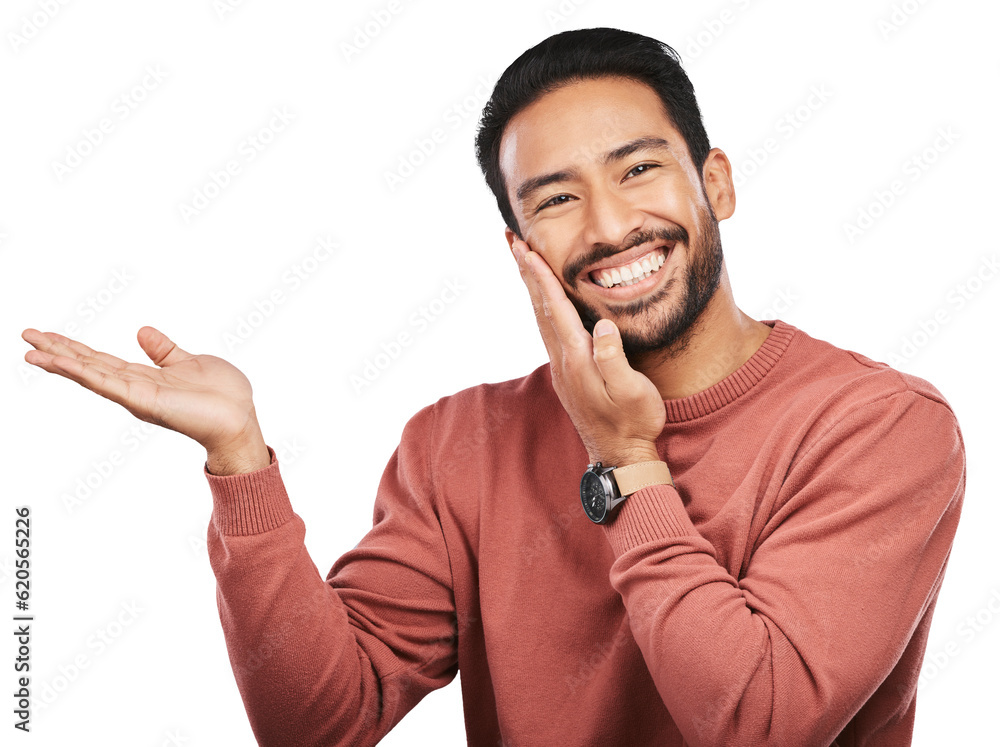 Portrait, smile and asian man with hand pointing to announcement on isolated, transparent or png bac