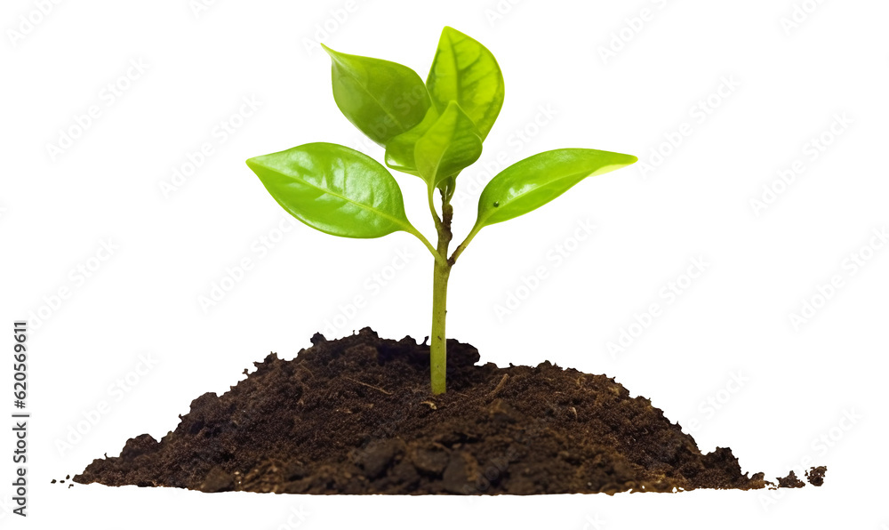 Young green plant in soil isolated on transparent or white background, png