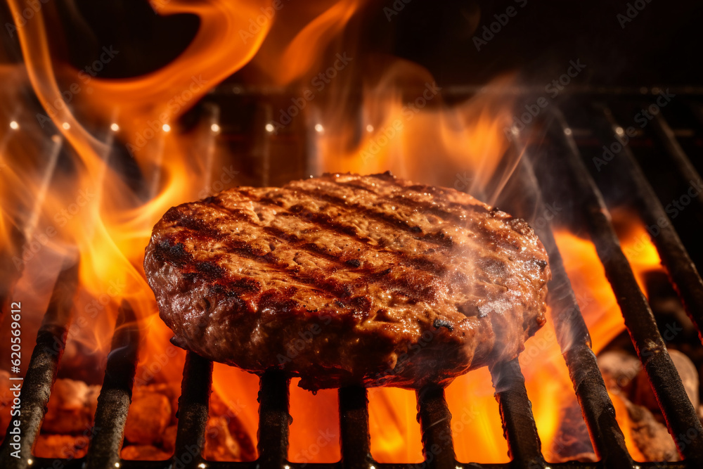 Beef steak on the grill with flames, summer BBQ concept